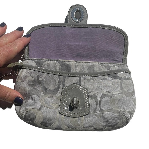 COACH Signature Gray Monogram Leather & Canvas Flap Wristlet - Picture 8 of 13